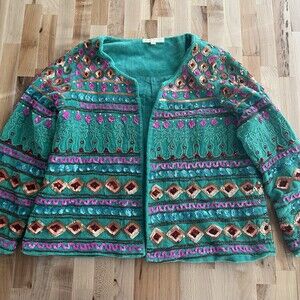 Ruby Yaya 100% Cotton Velvet Embellished Jacket Sequin Sparkle Boho Green Medium
